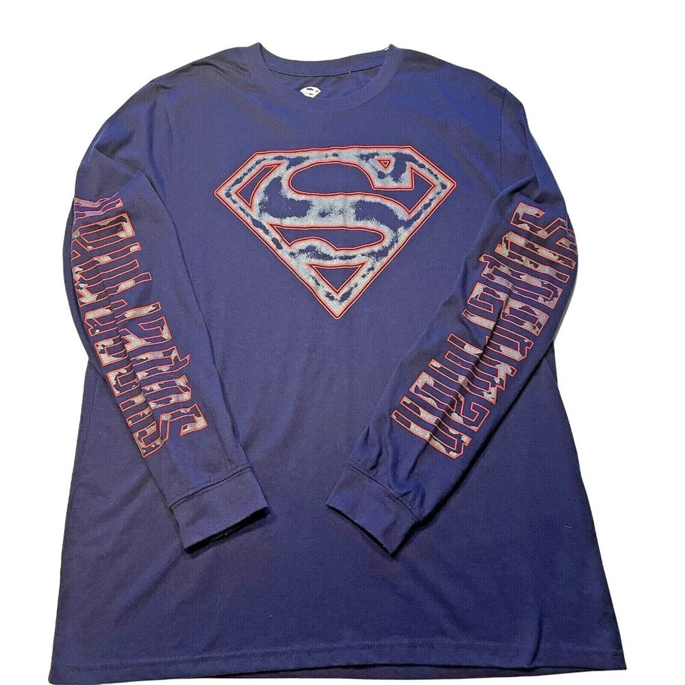 DC Comic Long Sleeve Super Hero Superman Mens Graphic Shirt Blue Size Large u